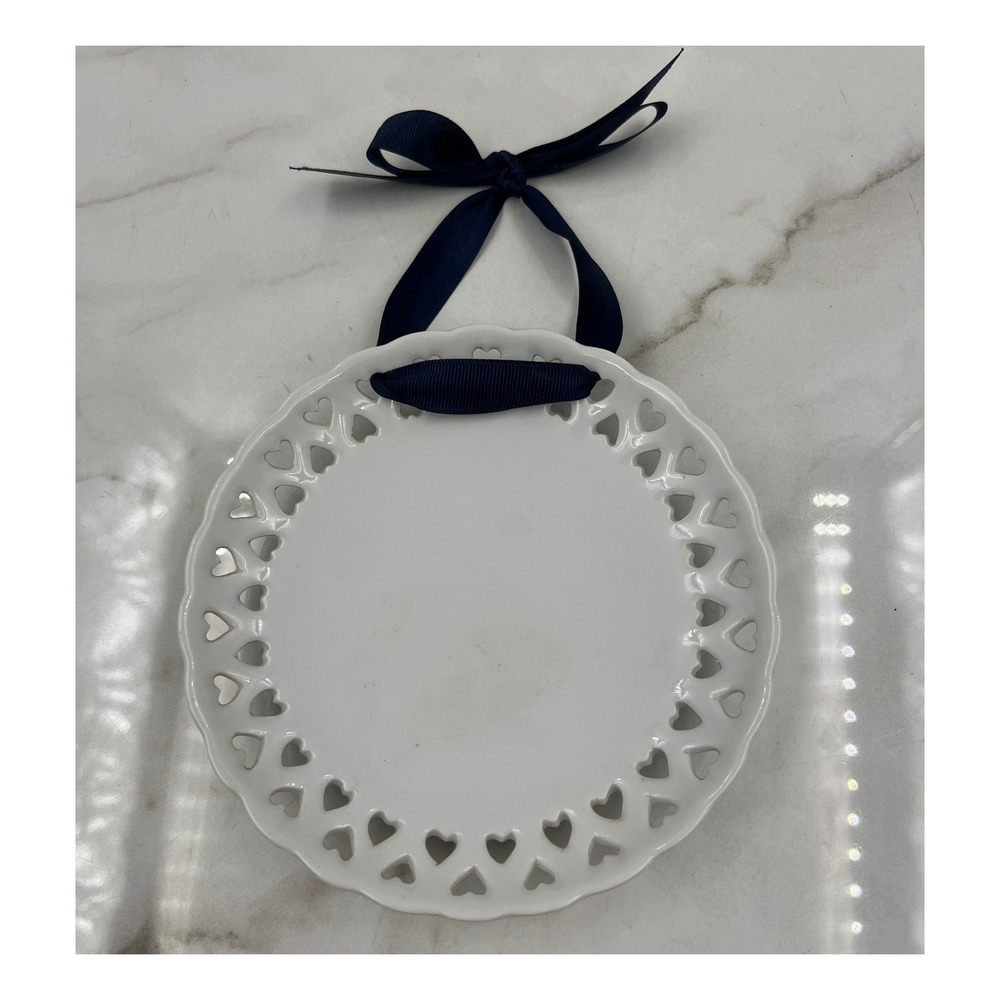 White Ceramic Heart Reticulated Hanging Plate Navy Blue Ribbon Wall Decor 6.5"